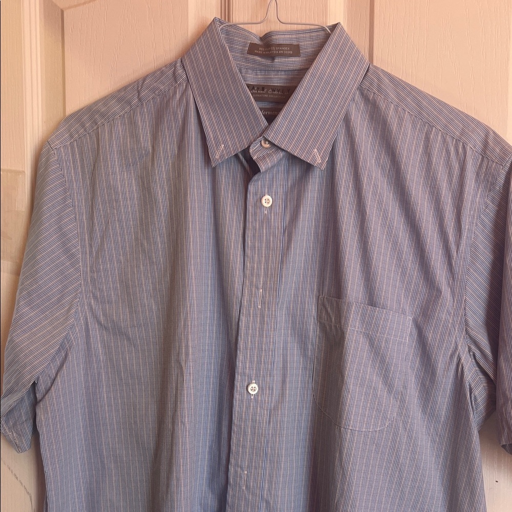 Daniel Cremieux Blue and White Beige Pinstripe Short-Sleeve Button-Down Shirt
